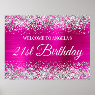 Póster Bienvenida Cumpleaños 21 años con brillo plateado