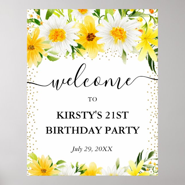 Póster Bienvenida cumpleaños 21 Margaritas y flores amari (Frente)