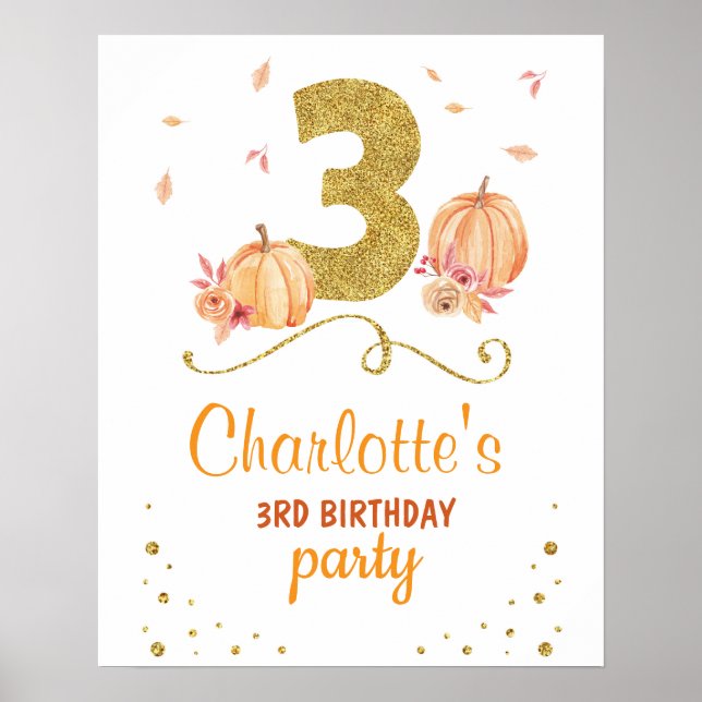Póster Bienvenida Cumpleaños 3 Fiesta Poster Calabaza 3 (Frente)