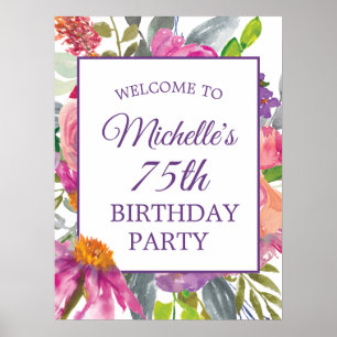 Póster Bienvenida Cumpleaños 75 Morado Rosado Floral