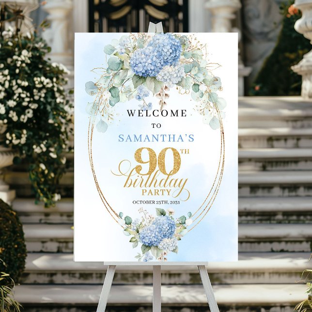 Póster Bienvenida cumpleaños 90 Light Blue Floral Eucalyp (Light Blue Floral Eucalyptus 90th birthday welcome)