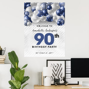 Póster Bienvenida Cumpleaños 90 Navy Azul Globo de Plata
