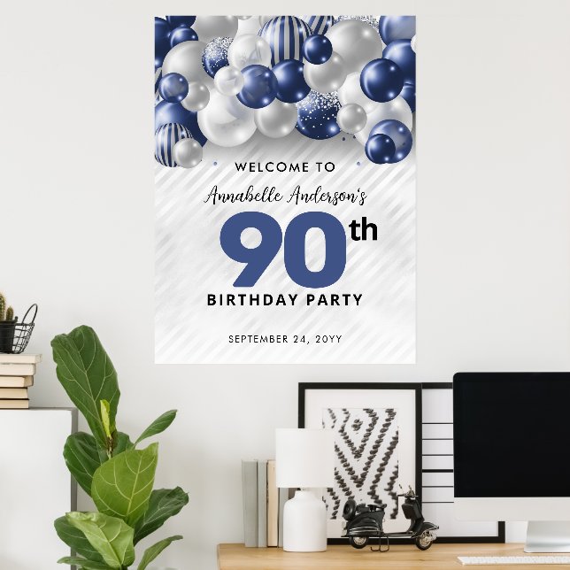 Póster Bienvenida Cumpleaños 90 Navy Azul Globo de Plata (Oficina en casa)