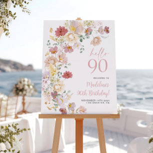 Póster Bienvenida Cumpleaños 90 Rosado Floral