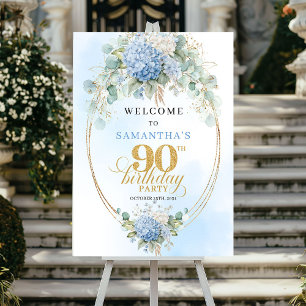 Póster Bienvenida cumpleaños 90 Soft Blue Botanical Gold