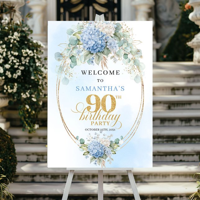 Póster Bienvenida cumpleaños 90 Soft Blue Botanical Gold (Soft Blue Botanical Gold 90th birthday welcome)