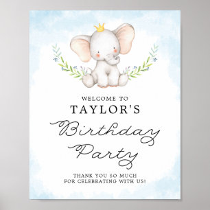 Póster Bienvenida Cumpleaños Elefante Bebé Acuarela Azul