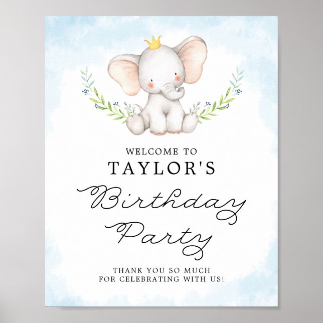 Póster Bienvenida Cumpleaños Elefante Bebé Acuarela Azul (Frente)