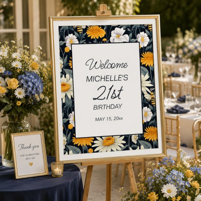Póster Bienvenida Cumpleaños Margaritas Amarillas Blancas (Daisies and dandelions 21st birthday party welcome poster)