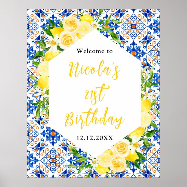 Póster Bienvenida Cumpleaños Mediterráneo Limones (Frente)