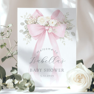Póster Bienvenida Cumpleaños Niña Bebé Lazo Rosa Floral C