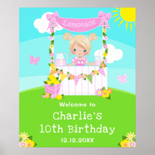 Póster Bienvenida Cumpleaños Niña Pelo Rubio Limonada Ros