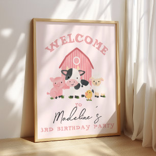 Póster Bienvenida Cumpleaños Niñas Animales Granja Rosa