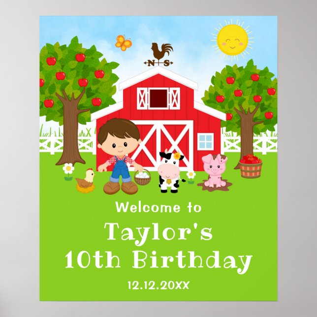 Póster Bienvenida Cumpleaños Niño Pelo Castaño Granja Cua (Frente)