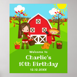 Póster Bienvenida Cumpleaños Otoño Granja Niña Pelo Casta