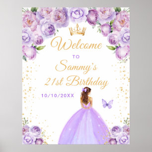 Póster Bienvenida Cumpleaños Princesa Cabello Marrón Púrp