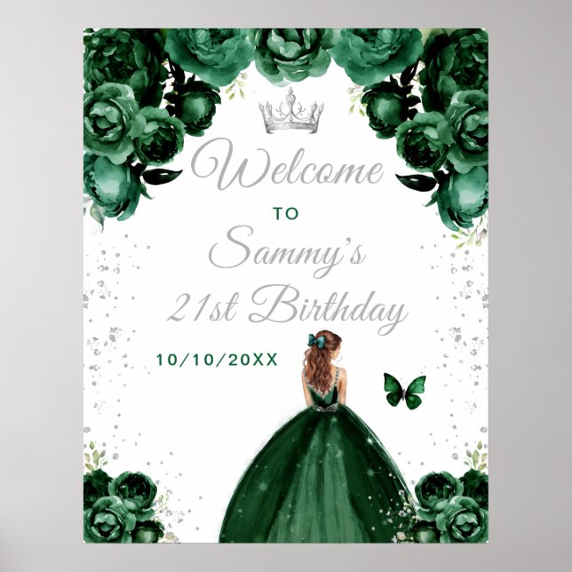Póster Bienvenida Cumpleaños Princesa Cabello Marrón Verd (Frente)