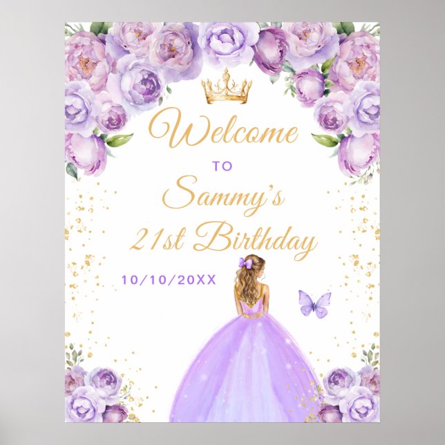 Póster Bienvenida Cumpleaños Princesa Cabello Rubio Lila  (Frente)