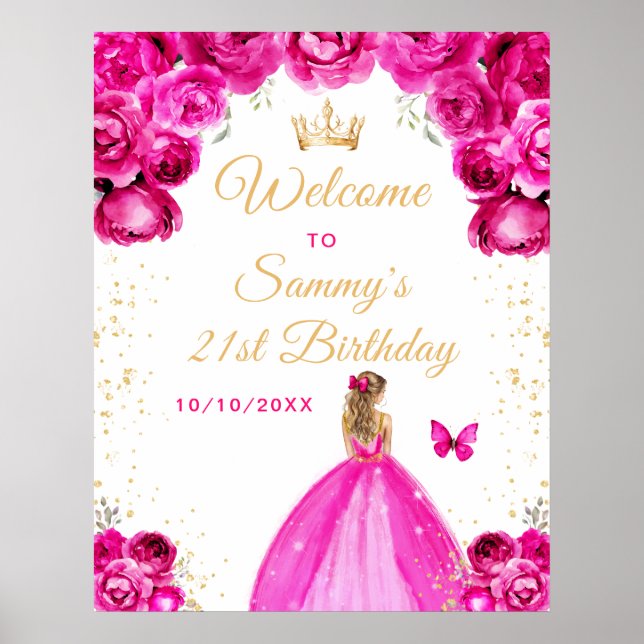 Póster Bienvenida Cumpleaños Princesa Cabello Rubio Rosa  (Frente)