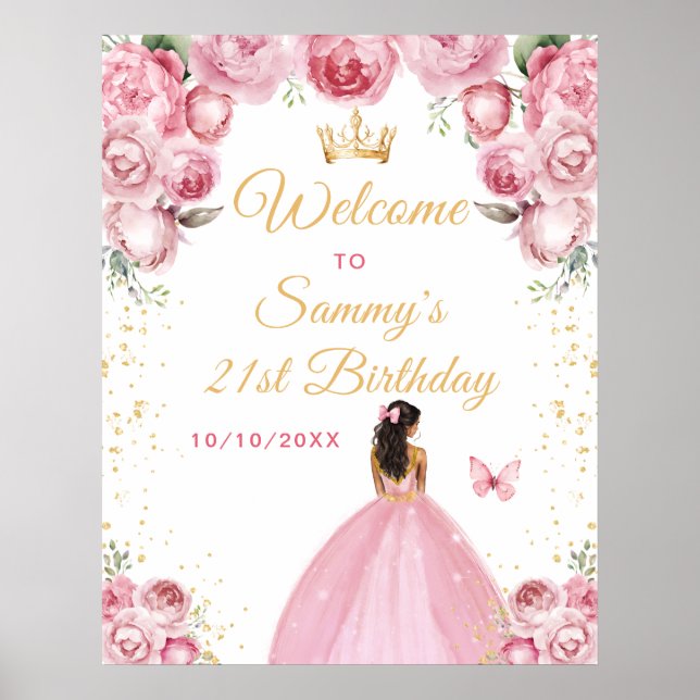 Póster Bienvenida Cumpleaños Princesa de Piel Oscura Rosa (Frente)