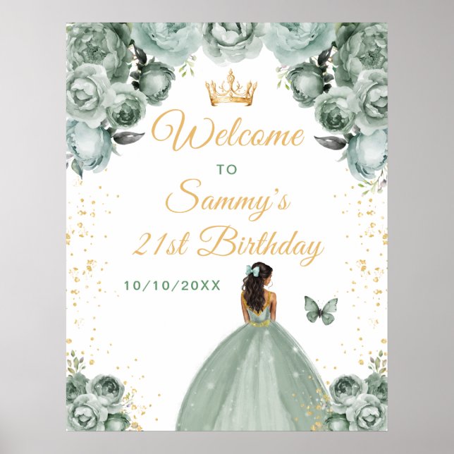 Póster Bienvenida Cumpleaños Princesa de Piel Oscura Sage (Frente)