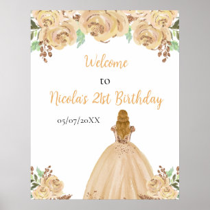 Póster Bienvenida Cumpleaños Princesa Pelo Rubio Floral