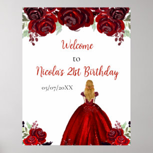 Póster Bienvenida Cumpleaños Princesa Pelo Rubio Rojo