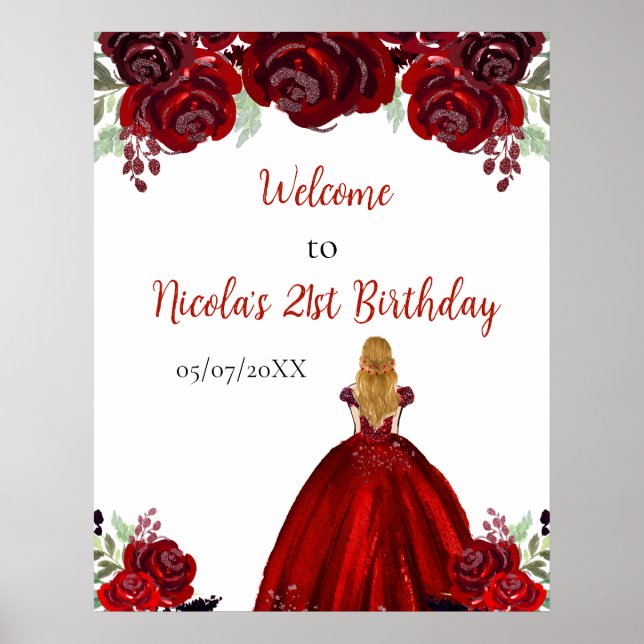 Póster Bienvenida Cumpleaños Princesa Pelo Rubio Rojo (Frente)