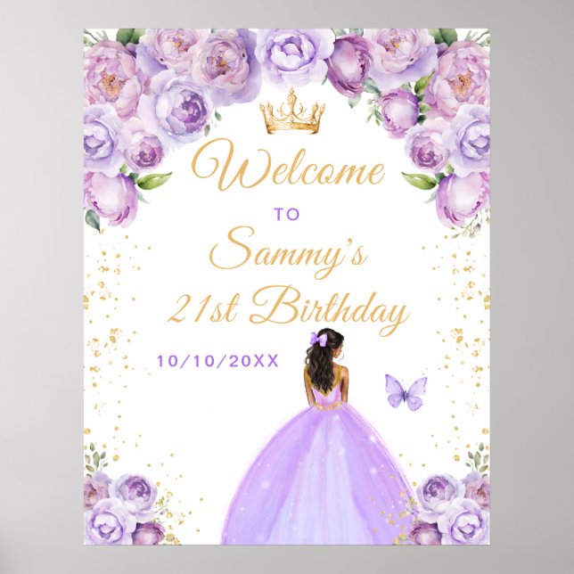 Póster Bienvenida Cumpleaños Princesa Piel Oscura Morada (Frente)