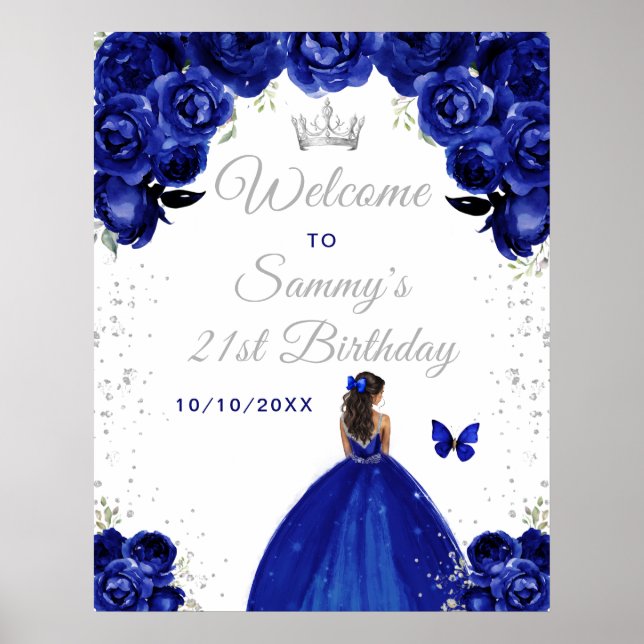 Póster Bienvenida cumpleaños princesa piel oscura Navy (Frente)