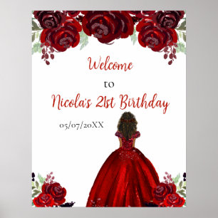 Póster Bienvenida Cumpleaños Princesa Piel Oscura Roja