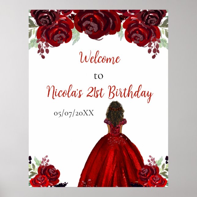 Póster Bienvenida Cumpleaños Princesa Piel Oscura Roja (Frente)