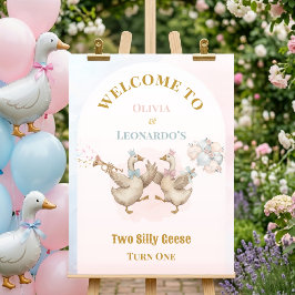 Póster Bienvenida Cumpleaños Twins Niño y Niña Dos Gansos