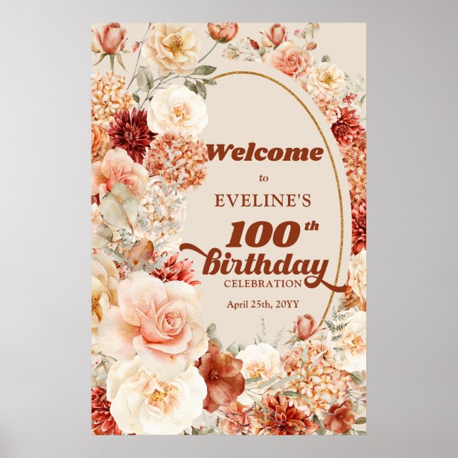 Póster Bienvenida de 100 cumpleaños floral de otoño varia (Frente)