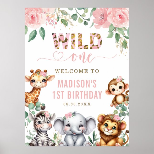Póster Bienvenida de 1er cumpleaños a Safari Animal Wild  (Frente)