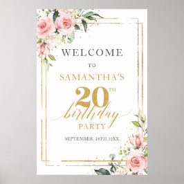 Póster Bienvenida de 20 cumpleaños de flores de color ros