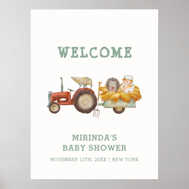 Póster Bienvenida de Baby Shower a Cute Hedgehog Farm Tra (Frente)