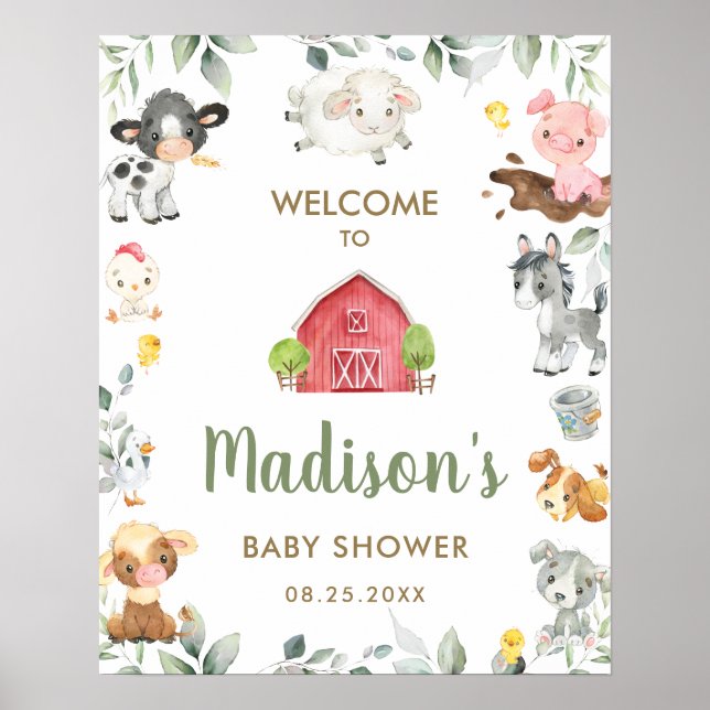 Póster Bienvenida de Baby Shower a los animales de granja (Frente)