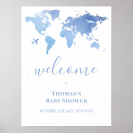 Póster Bienvenida de Baby Shower al Blue Modern World Map