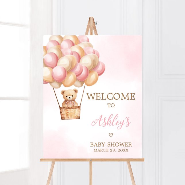 Póster Bienvenida de Baby Shower al globo aerostático ros (Girl Bear Boho Baby Shower Welcome Sign)