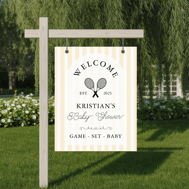 Póster Bienvenida de Baby Shower al tenis amarillo perrit (elegant yellow striped baby shower welcome sign for tennis theme preppy chic event with arch design)