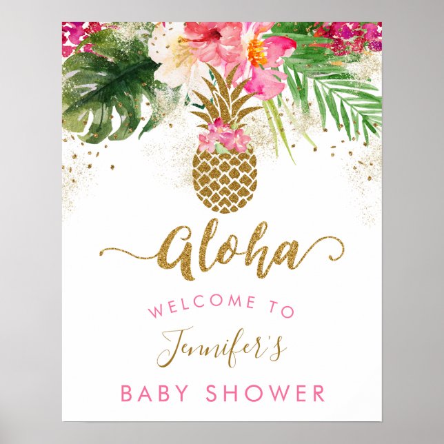 Póster Bienvenida de Baby Shower Aloha Pineapple Floral (Frente)