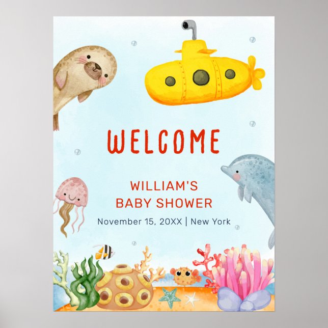 Póster Bienvenida de Baby Shower bajo el mar Náutico Mari (Frente)