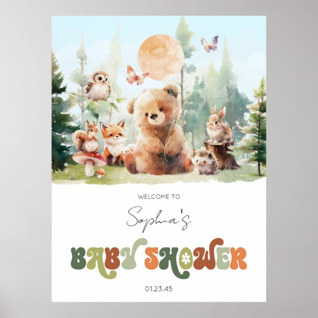 Póster Bienvenida de Baby Shower Beary Cute Woodland (Frente)