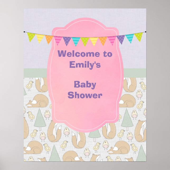 Póster Bienvenida de Baby Shower con criaturas de Woodlan (Frente)