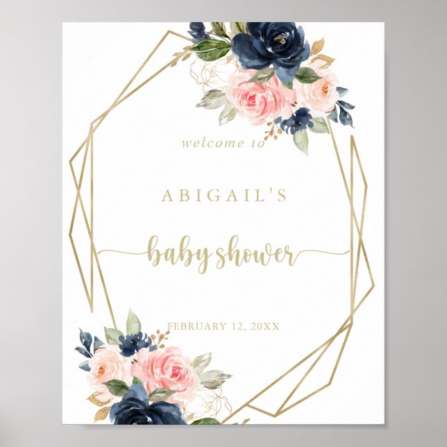 Póster Bienvenida de Baby Shower con Floral Gold Geométri (Frente)