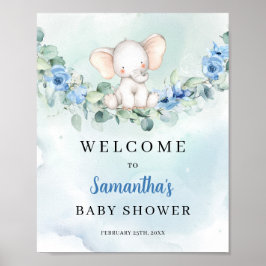 Póster Bienvenida de Baby Shower con flores azules de ele