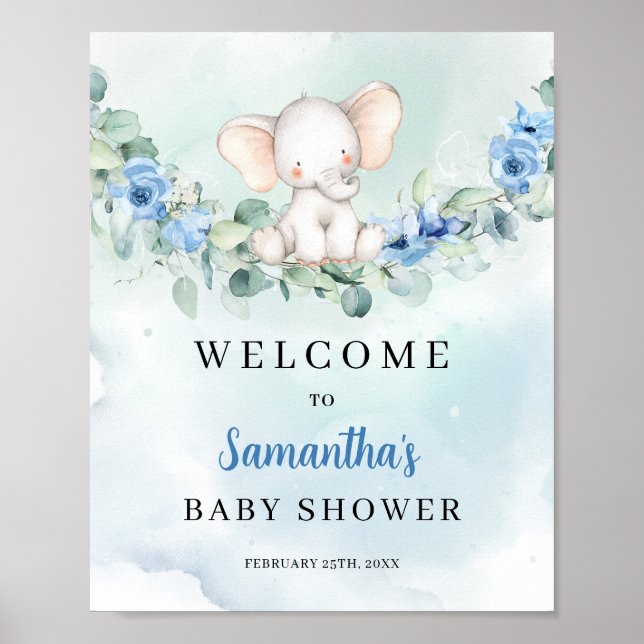 Póster Bienvenida de Baby Shower con flores azules de ele (Frente)