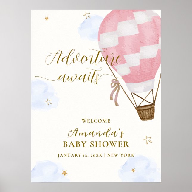 Póster Bienvenida de Baby Shower con globo aerostático Pi (Frente)
