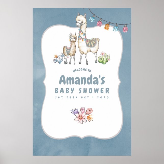 Póster Bienvenida de Baby Shower con tema de Llama de acu (Frente)